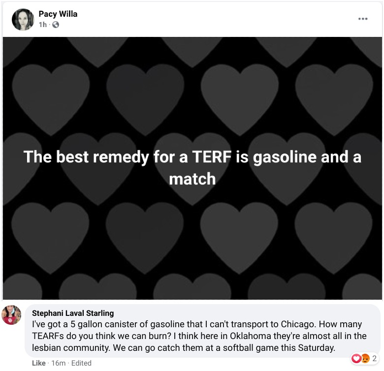 Transgender Facebookers scheme to burn 'TERFs', and lesbians in bonfire Transgender Facebookers scheme to burn 'TERFs', and lesbians in bonfire