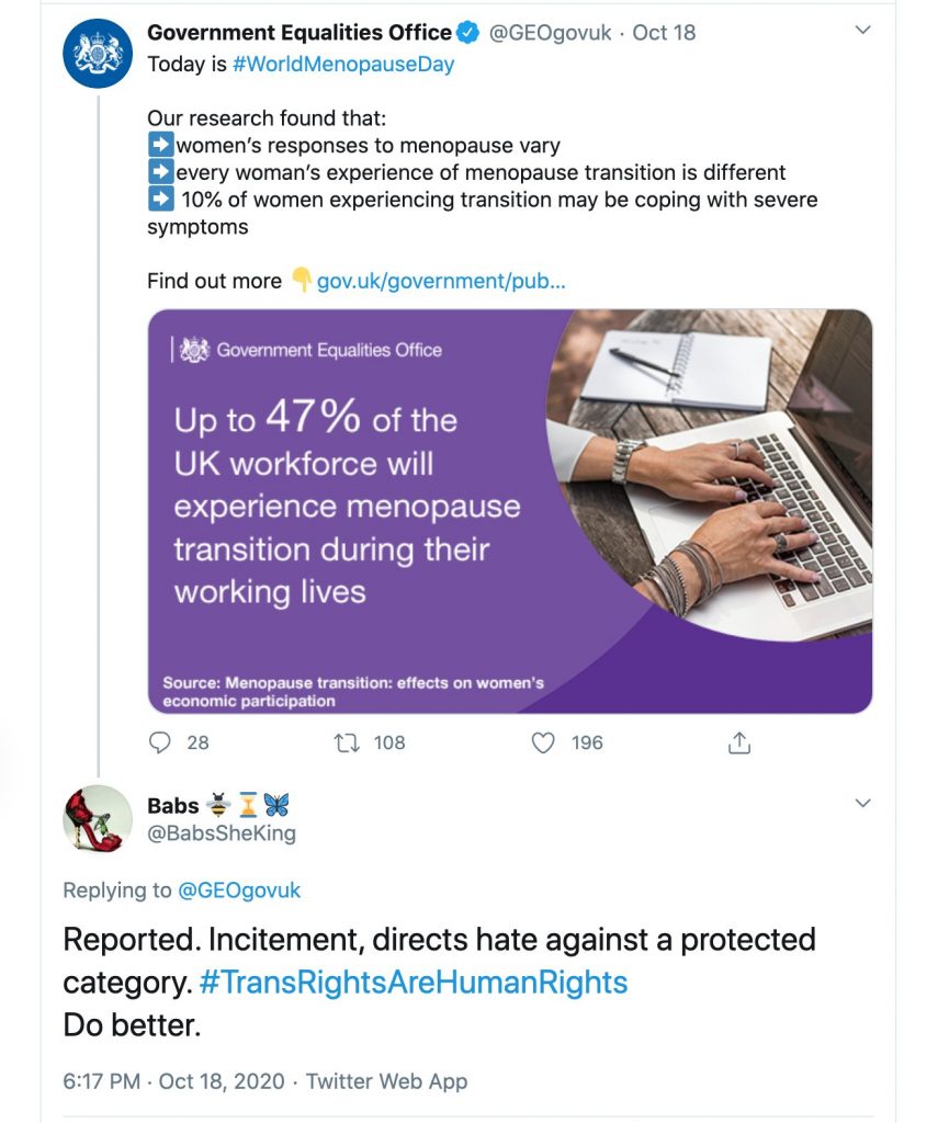 UK's Government Equalities Office accused of incitement and hate against trans individuals for providing information on menopause